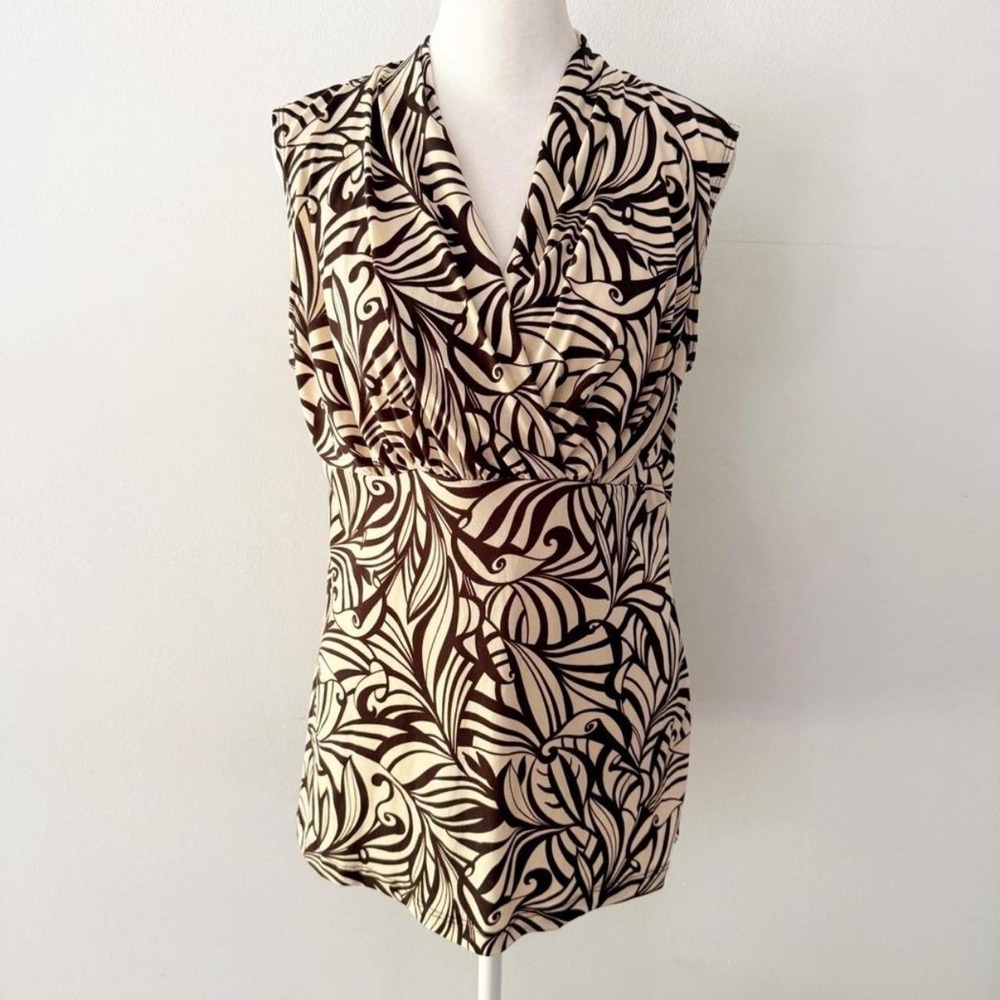 Vintage Y2K Tank Top Womens L Brown Abstract Swirl Sleeveless Blouse Office Chic